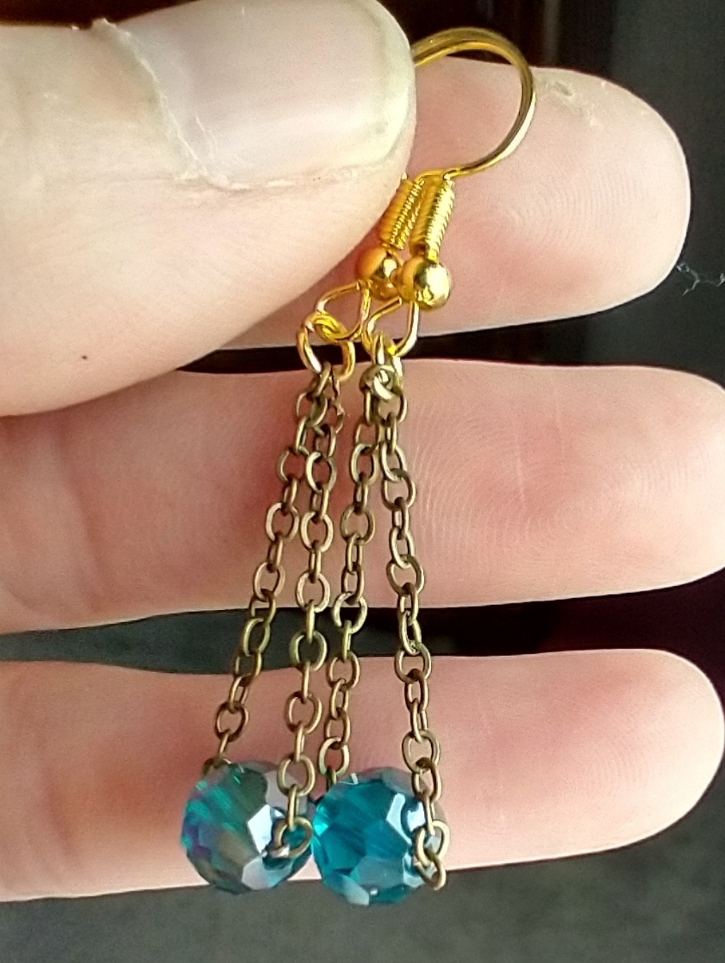Hand Crafted Gold Chain Drop Earrings With Teal Crystal Beads